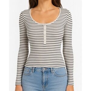 Rag Bone Jean Womens Striped Henley Long Sleeve Ribbed Top White Black L